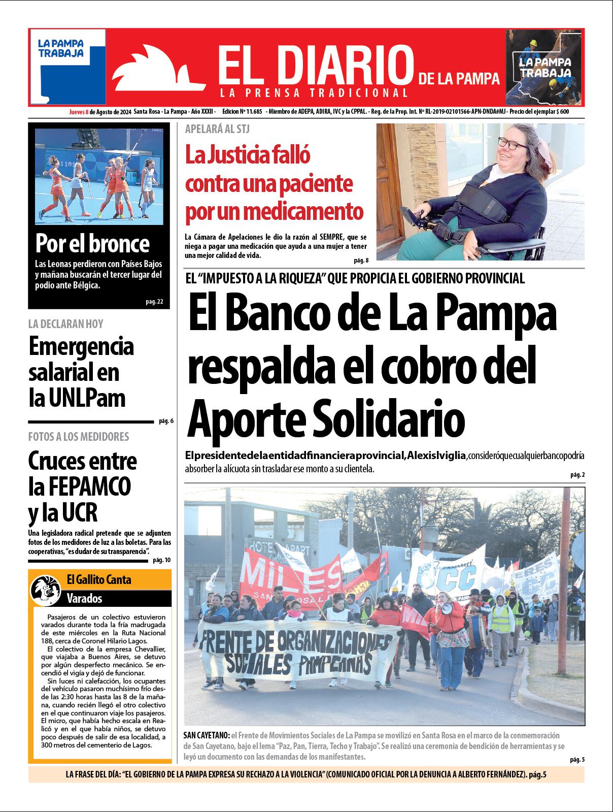 Tapa de El Diario en papel  jueves 08 de agosto de 2024